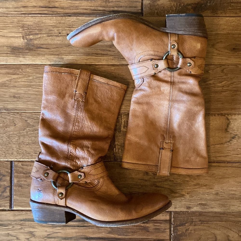 Frye Carson Harness Boots Brown Leather Pull On Western Size 9